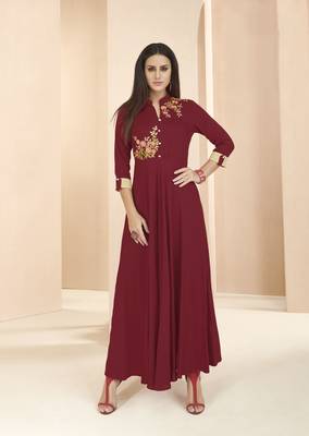 Maroon embroidered rayon long-kurtis 1