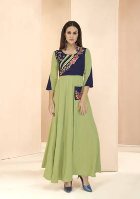 Parrot-green embroidered rayon long-kurtis 1