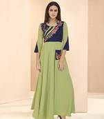 Parrot-green embroidered rayon long-kurtis