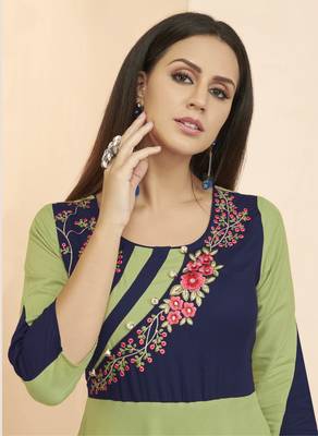 Parrot-green embroidered rayon long-kurtis 2