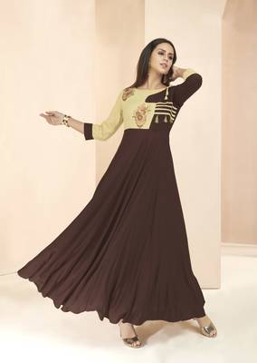 Brown embroidered rayon long-kurtis 1