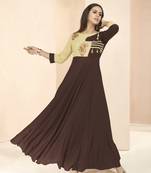 Brown embroidered rayon long-kurtis