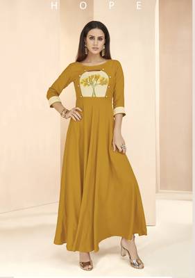 Mustard embroidered rayon long-kurtis 1