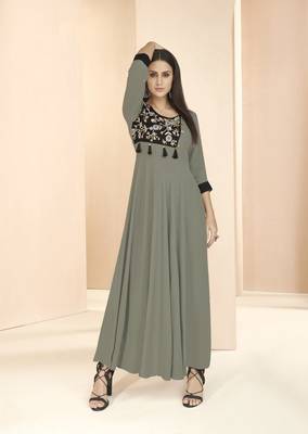 Grey embroidered rayon long-kurtis 1