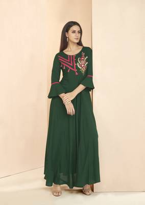 Green embroidered rayon long-kurtis 1