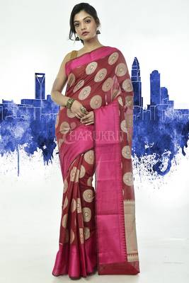 Red Benaras Handloom Saree With Pink Border And Weave Pallu 1
