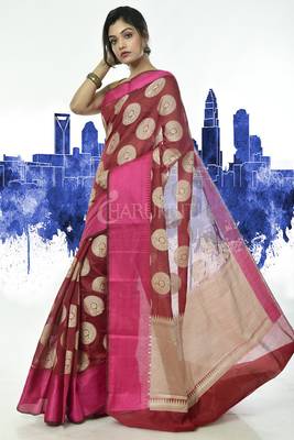 Red Benaras Handloom Saree With Pink Border And Weave Pallu 2
