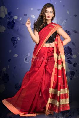 Currant Red Blended Cotton Saree With Woven Pallu 1