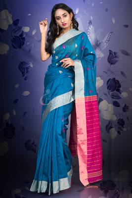 Blue Blended Cotton Saree With Magenta Woven Pallu And Zari Border 1