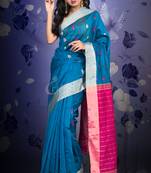 Blue Blended Cotton Saree With Magenta Woven Pallu And Zari Border