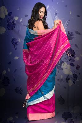 Blue Blended Cotton Saree With Magenta Woven Pallu And Zari Border 2