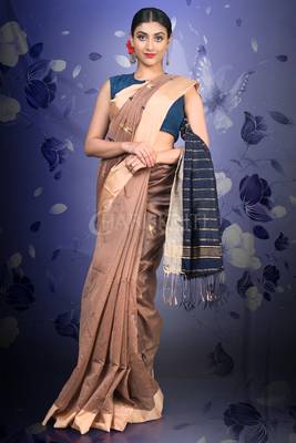 Dark Pearwood Brown Blended Cotton Saree With Navy Blue Woven Pallu And Zari Border 1