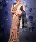 Dark Pearwood Brown Blended Cotton Saree With Navy Blue Woven Pallu And Zari Border
