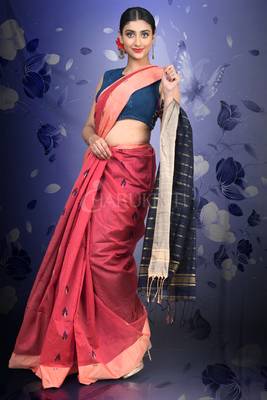 Coral Red Blended Cotton Saree With Navy Blue Woven Pallu And Zari Border 1