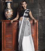 White plain blended cotton saree with blouse