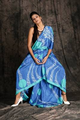 Cyan And Neon Blue Abstract Printed Silk Saree 1