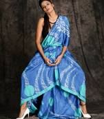 Cyan And Neon Blue Abstract Printed Silk Saree
