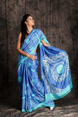 Cyan And Neon Blue Abstract Printed Silk Saree 2