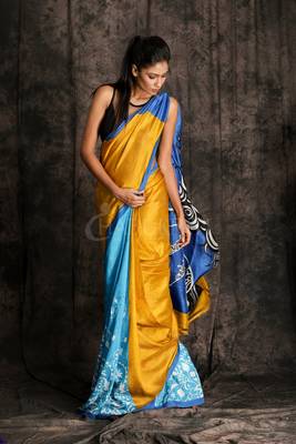 Mustered Yellow And Neon Blue Printed Silk 1