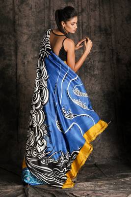 Mustered Yellow And Neon Blue Printed Silk 2