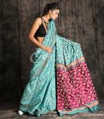 Teal Blue Blended Cotton Jamdani With Palm Pallu