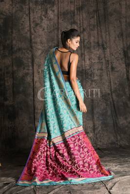 Teal Blue Blended Cotton Jamdani With Palm Pallu 2