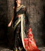 Black Handloom Saree With Maroon Pallu And Zari Work