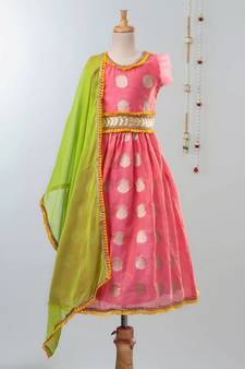 Pink Chanderi Brocade Lehenga Choli For Girls
