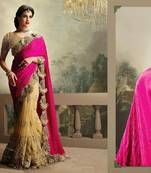 PINK and CHIKU embroidered chiffon saree with blouse