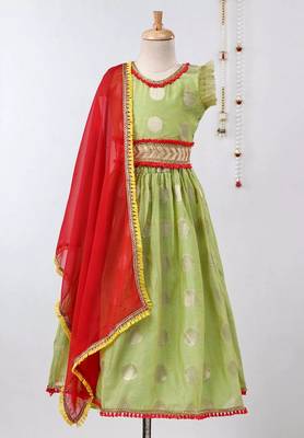 Green Chanderi Brocade Lehenga Choli For Girls 1