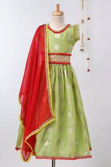 Green Chanderi Brocade Lehenga Choli For Girls