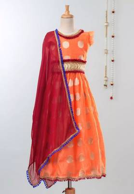 Orange Chanderi Brocade Lehenga Choli For Girls 1
