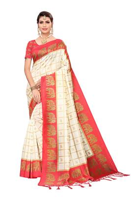 Red and White Printed Mysore Art Silk Saree With Blouse 2