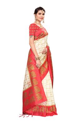 Red and White Printed Mysore Art Silk Saree With Blouse 4