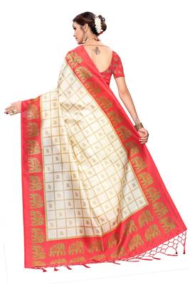 Red and White Printed Mysore Art Silk Saree With Blouse 5