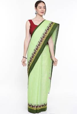 CLASSICATE From The House Of The Chennai Silks Women's Green Chettinad Cotton Saree With Running Blouse 1
