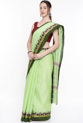 CLASSICATE From The House Of The Chennai Silks Women's Green Chettinad Cotton Saree With Running Blouse 2