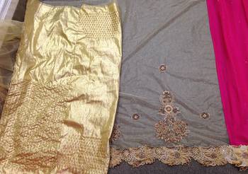 PINK and CHIKU embroidered chiffon saree with blouse 3