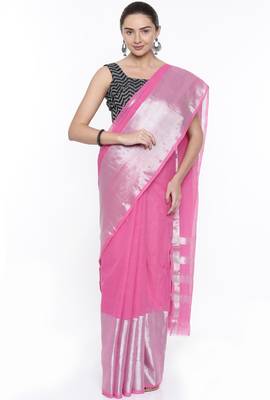 CLASSICATE From The House Of The Chennai Silks Women's Neon Pink Venkatagiri Cotton Saree With Running Blouse 1