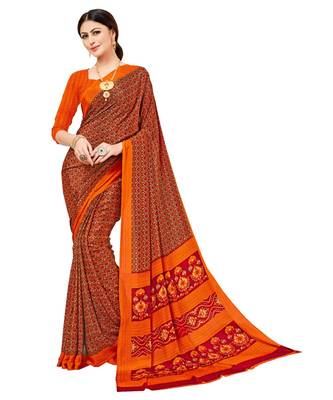 Orange Printed Crepe Saree With Blouse 1