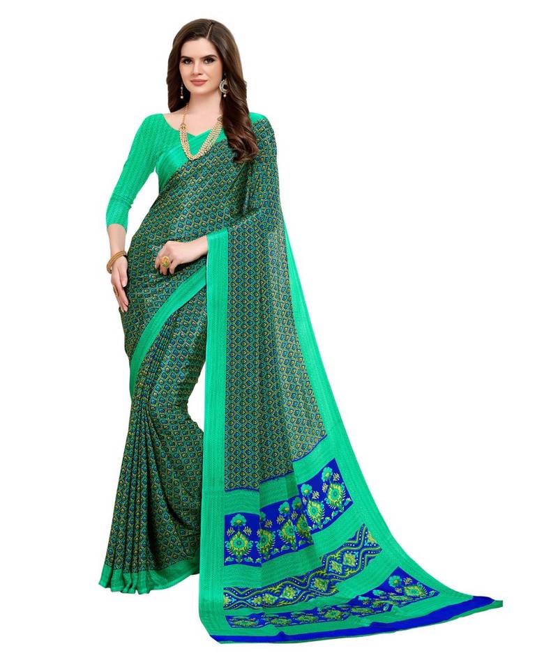 Green Printed Crepe Saree With Blouse