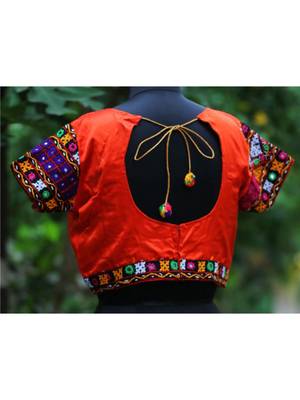 Orange Coloured Mashru Silk Embroidered With Real Mirror Worked Blouse With Pompom Dori At Back side 2
