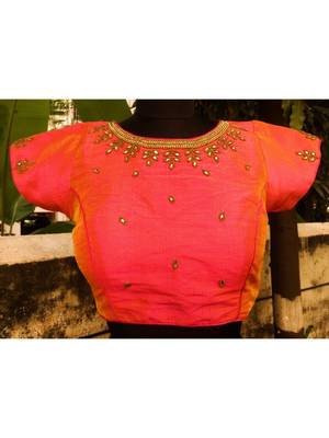 Dual Tone Coloured Raw Silk Base Kundan Stone Worked Traditional Blouse With Hanging Latkan Dori 1