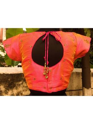 Dual Tone Coloured Raw Silk Base Kundan Stone Worked Traditional Blouse With Hanging Latkan Dori 2