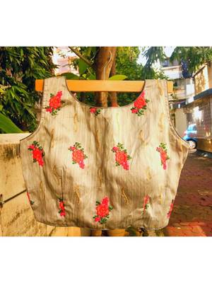 Raw Silk Base Silver Color Embroidered Work Sleeveless Traditional Blouse With Zip At The Back Side 1
