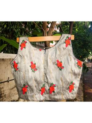 Raw Silk Base Silver Color Embroidered Work Sleeveless Traditional Blouse With Zip At The Back Side 2