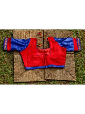 Blue And Red Coloured Mashru Silk Embroidered  Worked Blouse 1