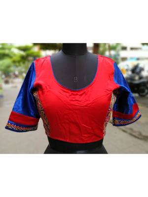 Blue And Red Coloured Mashru Silk Embroidered  Worked Blouse 2