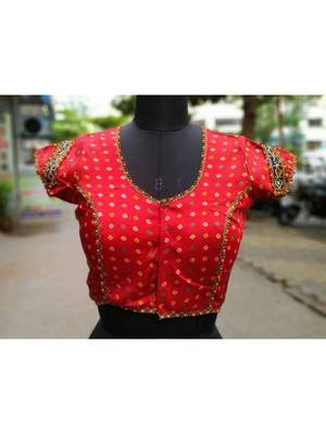 Red Colored Mashru Silk Hand Embroidered Front Open Freesize Blouse With Pompom Tassel Dori At Back Pattern 1 1