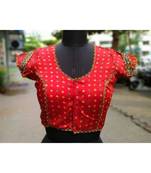 Red Colored Mashru Silk Hand Embroidered Front Open Freesize Blouse With Pompom Tassel Dori At Back Pattern 1